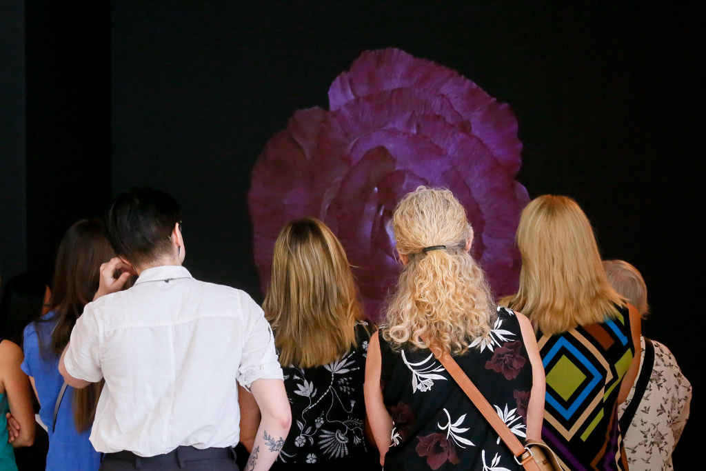 A group of people look at a purple work of art. Their backs are to the camera.