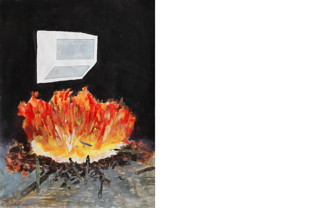 The painting shows a large fire in the bottom half of the painting, with scattered tree branches and wood around it on a dark ground. The fire burns below a boxy air conditioner that emerges out of a completely black wall. 