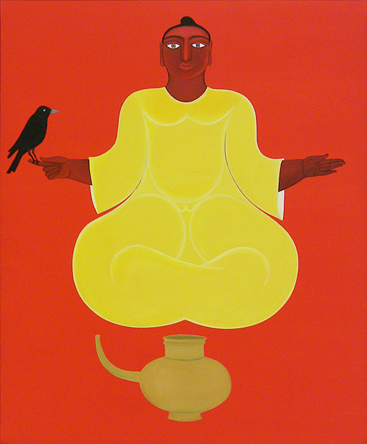 A painting of a genie wearing a yellow outfit, holding a black bird on their finger, floating above a lamp. The background is deep red.